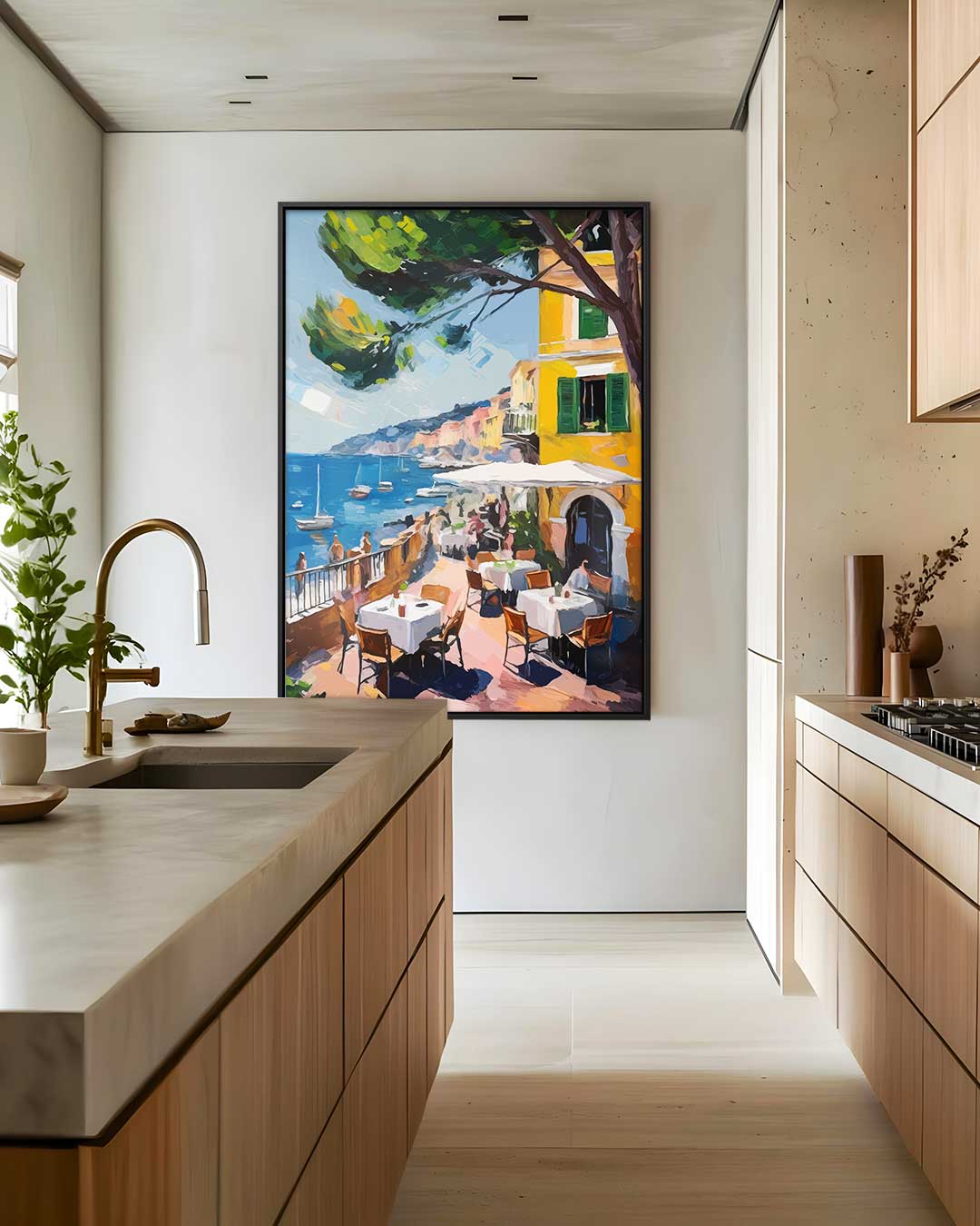 Zonnig Terras aan de Middellandse Zee – staand kunstwerk voor modern interieur