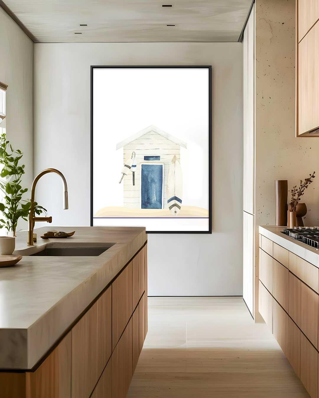 Strandhut Waterverf Kunst – staand kunstwerk voor modern interieur
