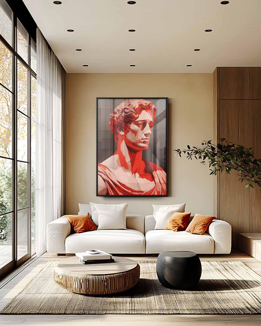 Klassieke Buste in Rood Licht – staand kunstwerk voor modern interieur