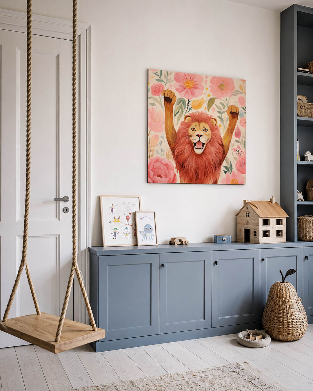 Vrolijke leeuw en bloemen kunstwerk – vierkante wanddecoratie – dit werk toont een leeuw met opgeheven poten omringd door