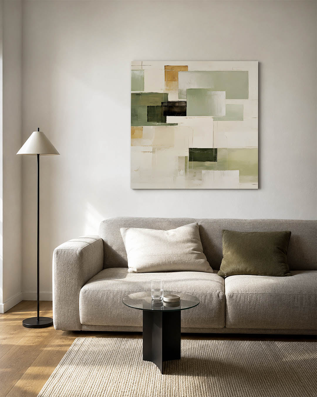 Geometrische vlakken kunstwerk – vierkante wanddecoratie – dit werk toont een compositie van rechthoekige vormen in zachte