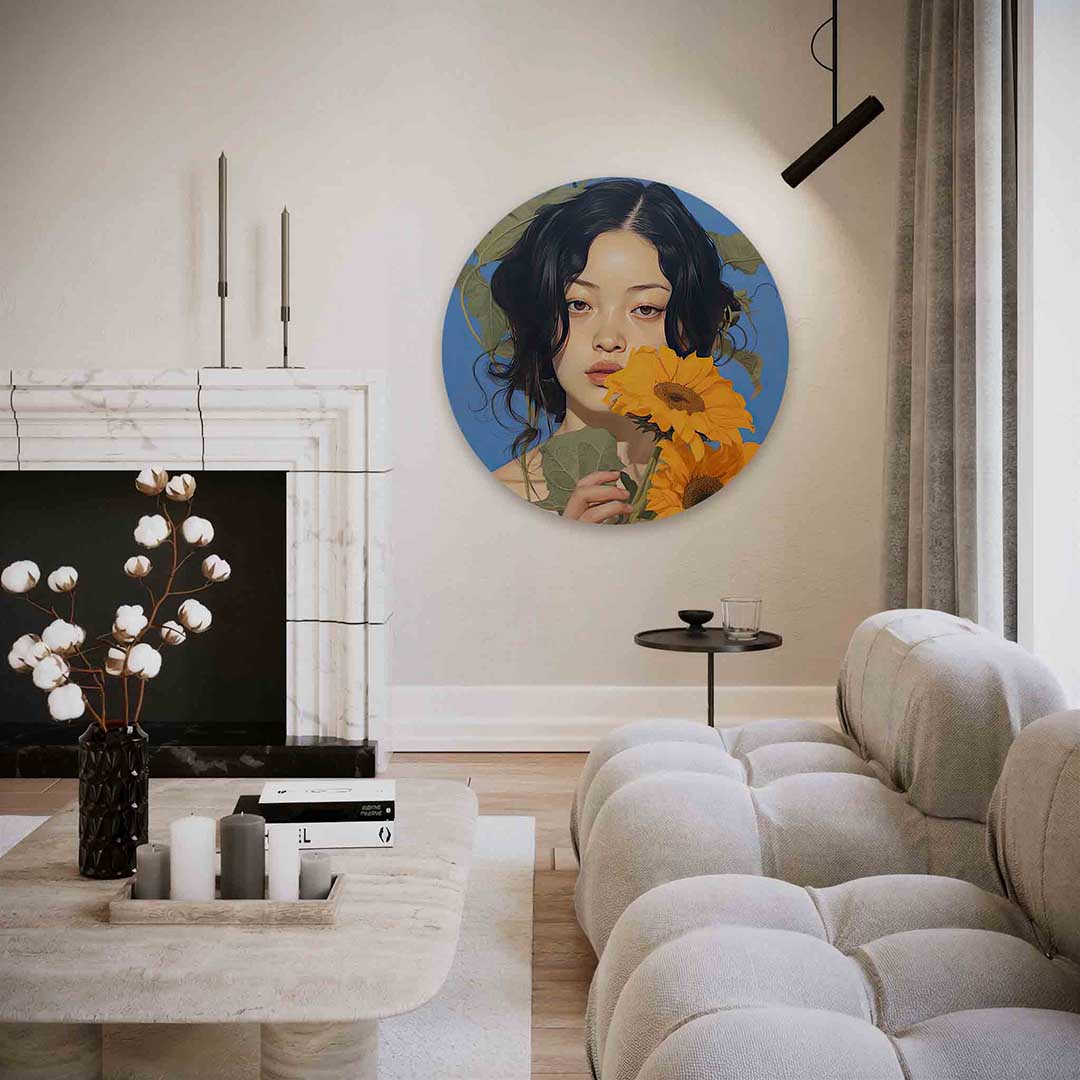 Vrouw met zonnebloemen – abstracte textuur muurcirkel als wanddecoratie