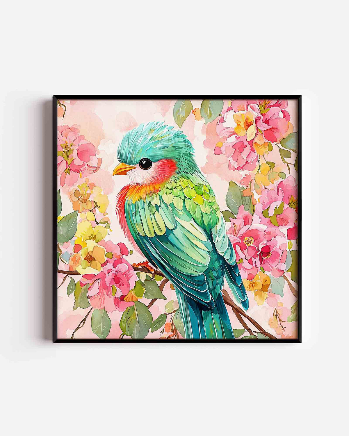 Vogel en bloemen – vierkante dierenposter als wanddecoratie
