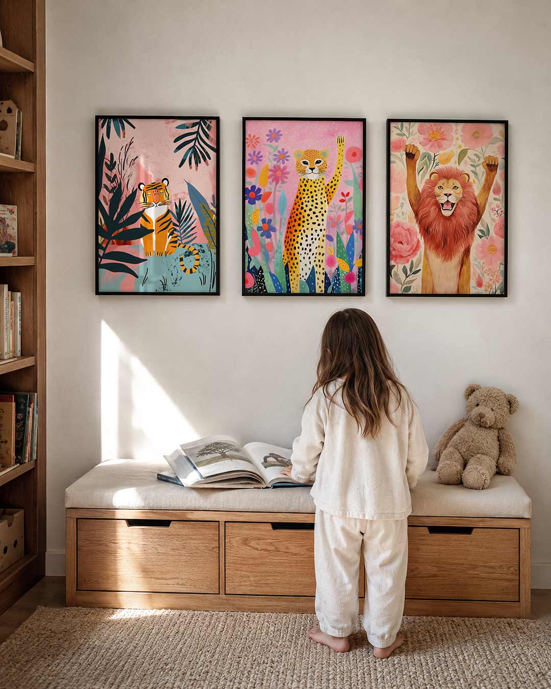 Jungle en tijger posterset – derde productweergave – een speelse tijger zit tussen grote bladeren op een roze