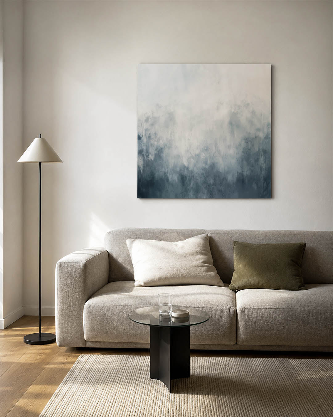Vloeiende overgangen kunstwerk – vierkante wanddecoratie – dit kunstwerk toont een subtiele mengeling van grijs en wit, met