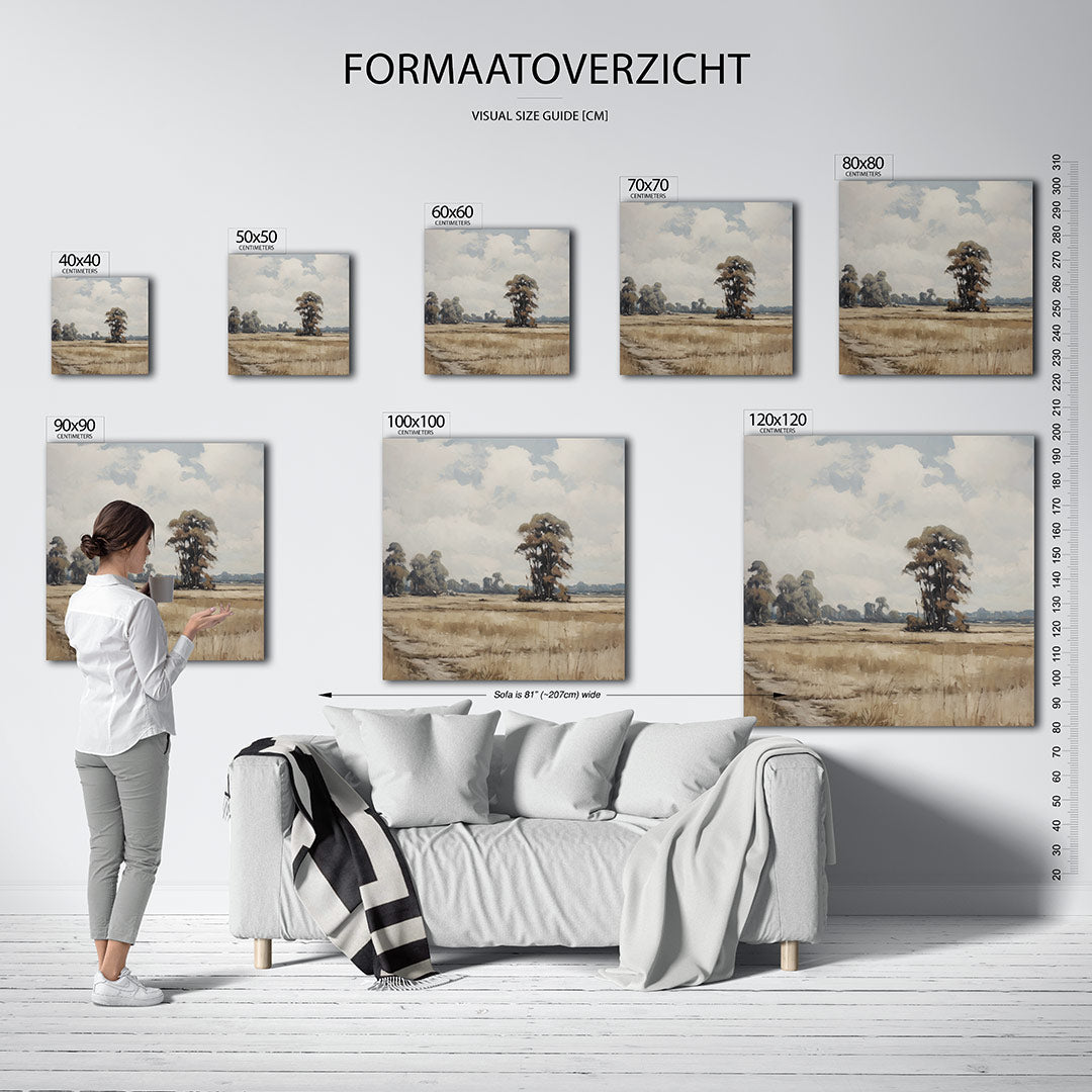 Rustige landschap weergave kunstwerk – sfeerbeeld – dit werk toont een uitgestrekt veld met verspreide bomen onder een