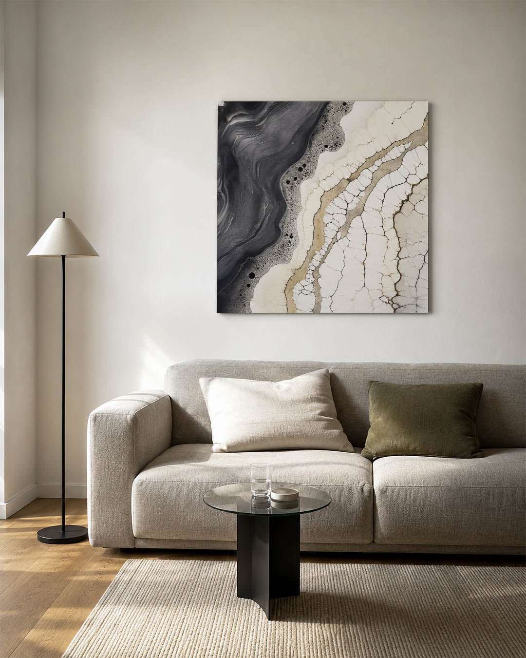 Organische lijnen kunstwerk – vierkante wanddecoratie – dit werk toont vloeiende zwarte en beige lijnen die elkaar kruisen