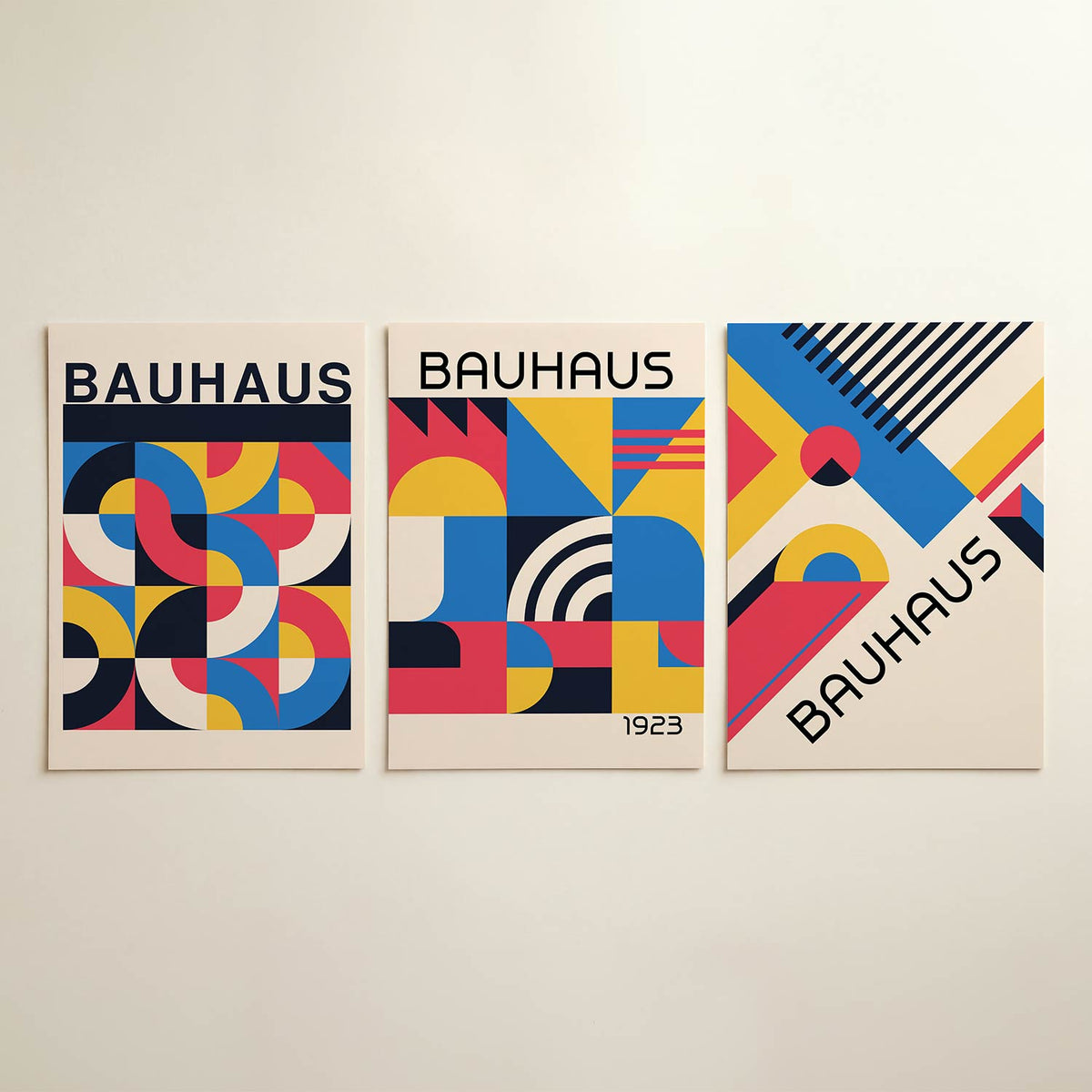 Kleurrijk vlakritme posterset – detailweergave – deze posterset in drie delen toont een levendig spel van halve cirkels en
