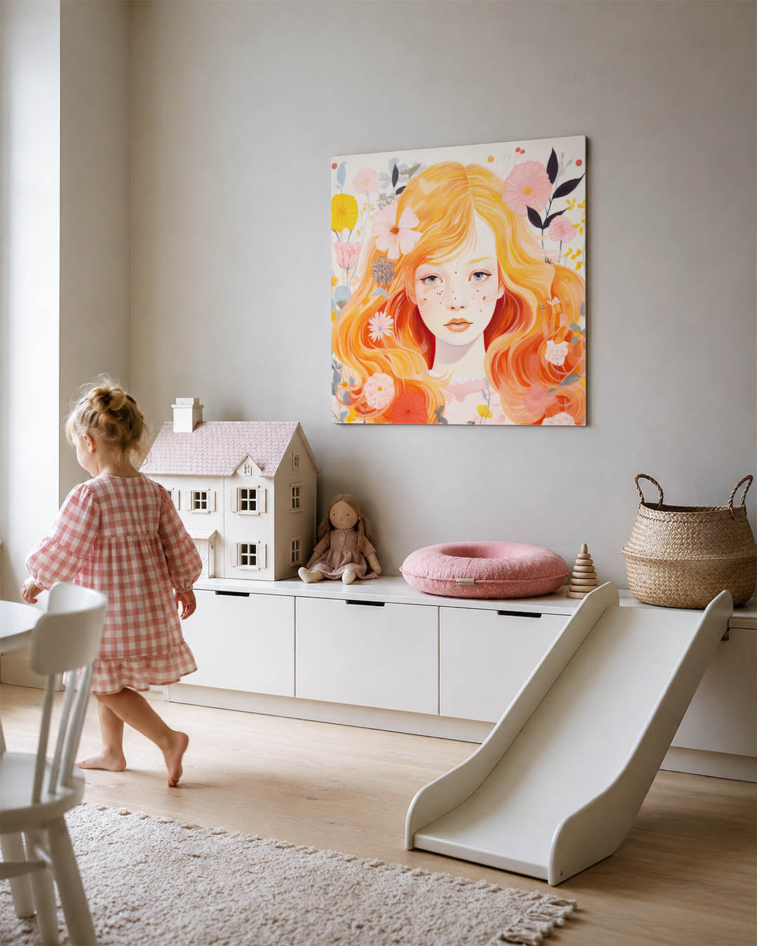 Dromerige bloemenportret kunstwerk – tweede productweergave – dit kunstwerk toont een vrouw met golvend oranje haar omringd