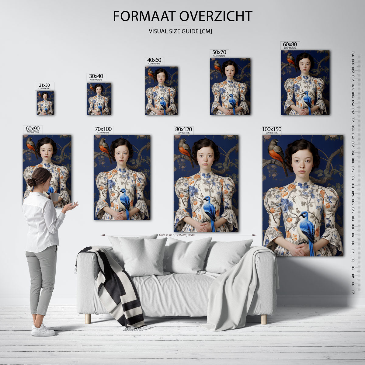 Meisje met vogels – staande muurposter met botanisch thema