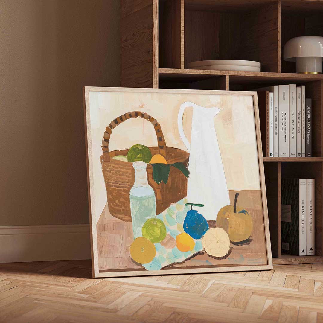 Stilleven met fruit en mand – moderne wandkunst als vierkante poster