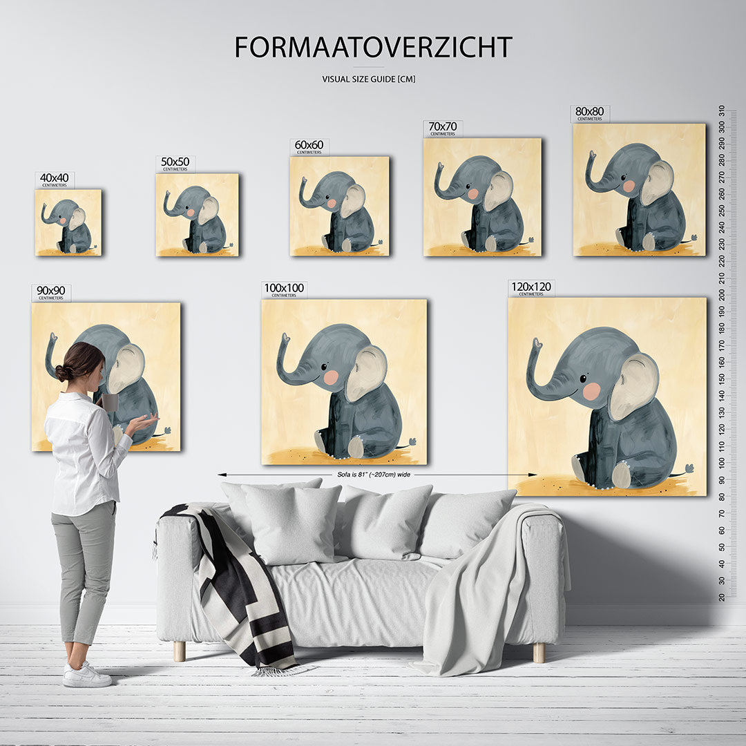 Schattige olifant illustratie kunstwerk – sfeerbeeld – dit werk toont een schattige olifant met grote oren en een