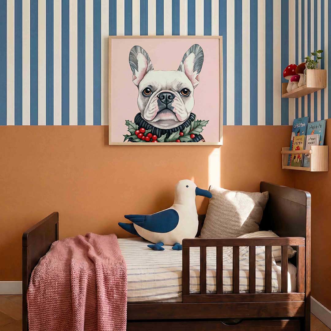 Franse bulldog met hulst – kids poster in vierkant formaat