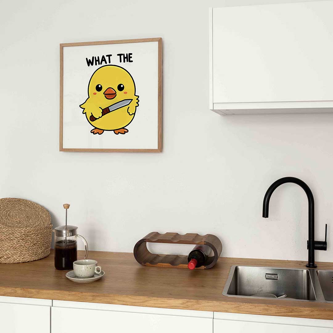 Kuiken met mes – kleurrijke Pop Art poster in vierkant formaat