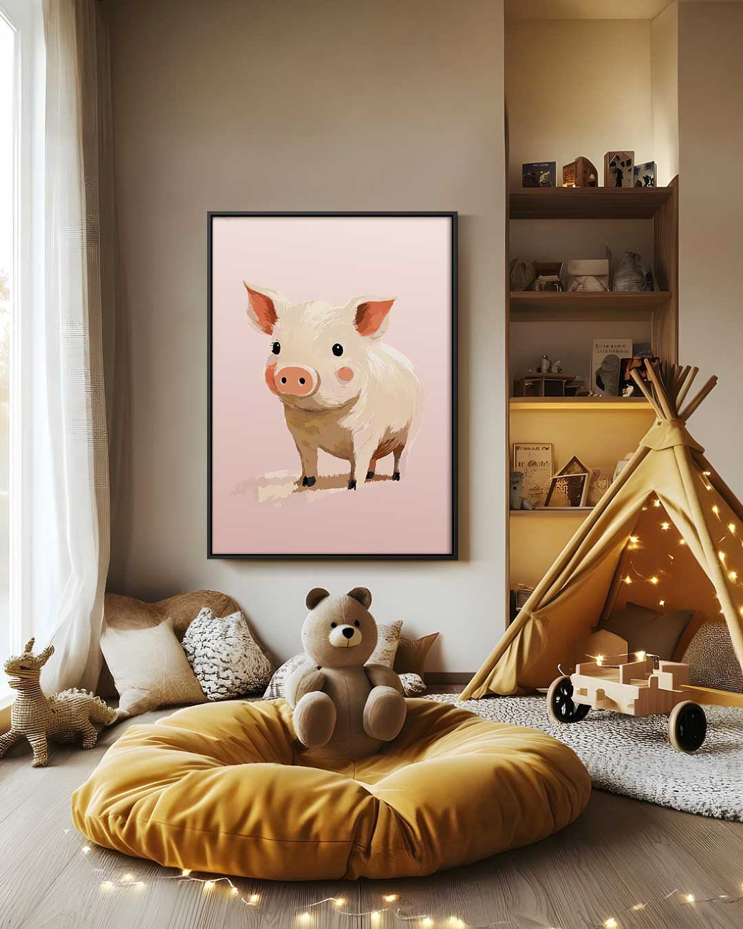 Schattig Varkentje op Roze Achtergrond – modern portret kunstwerk van WallArtistic