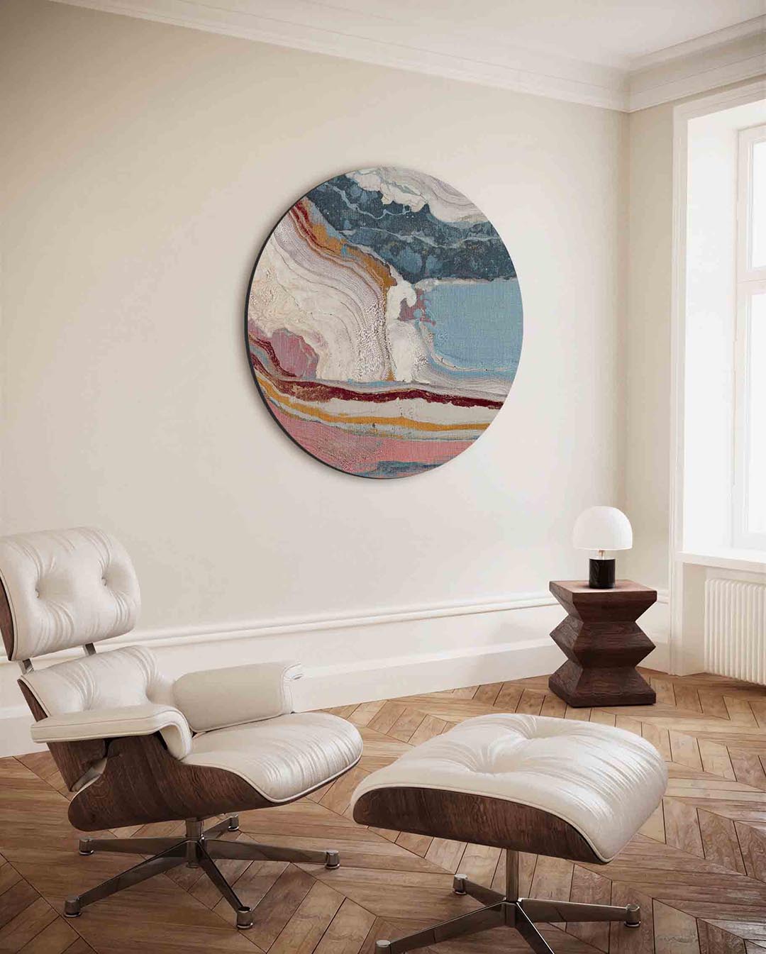 Abstracte lagen – moderne ronde wanddecoratie met vrouwelijk portret