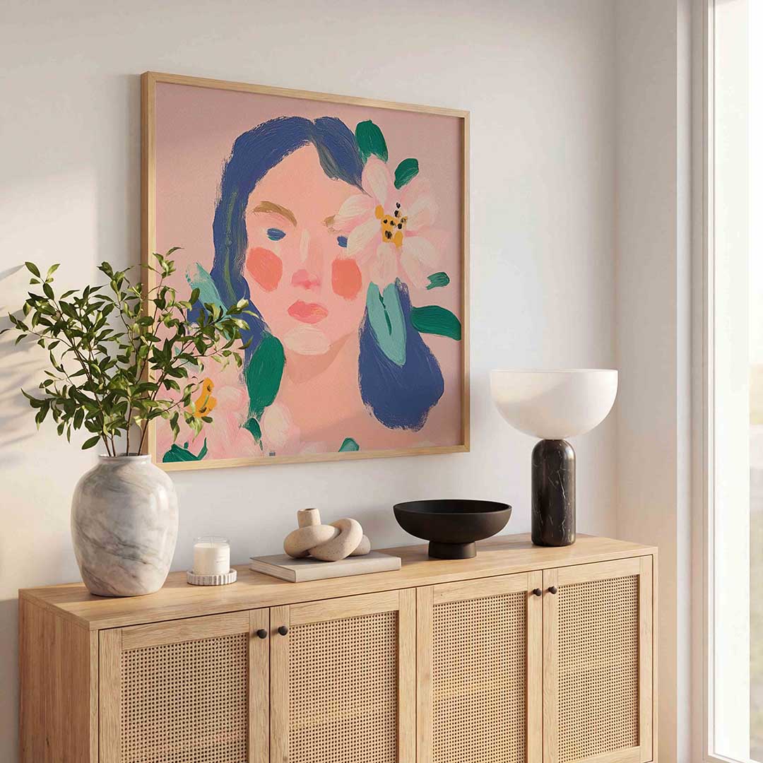 Bloemen en gezicht – kleurrijke poster in vierkant formaat