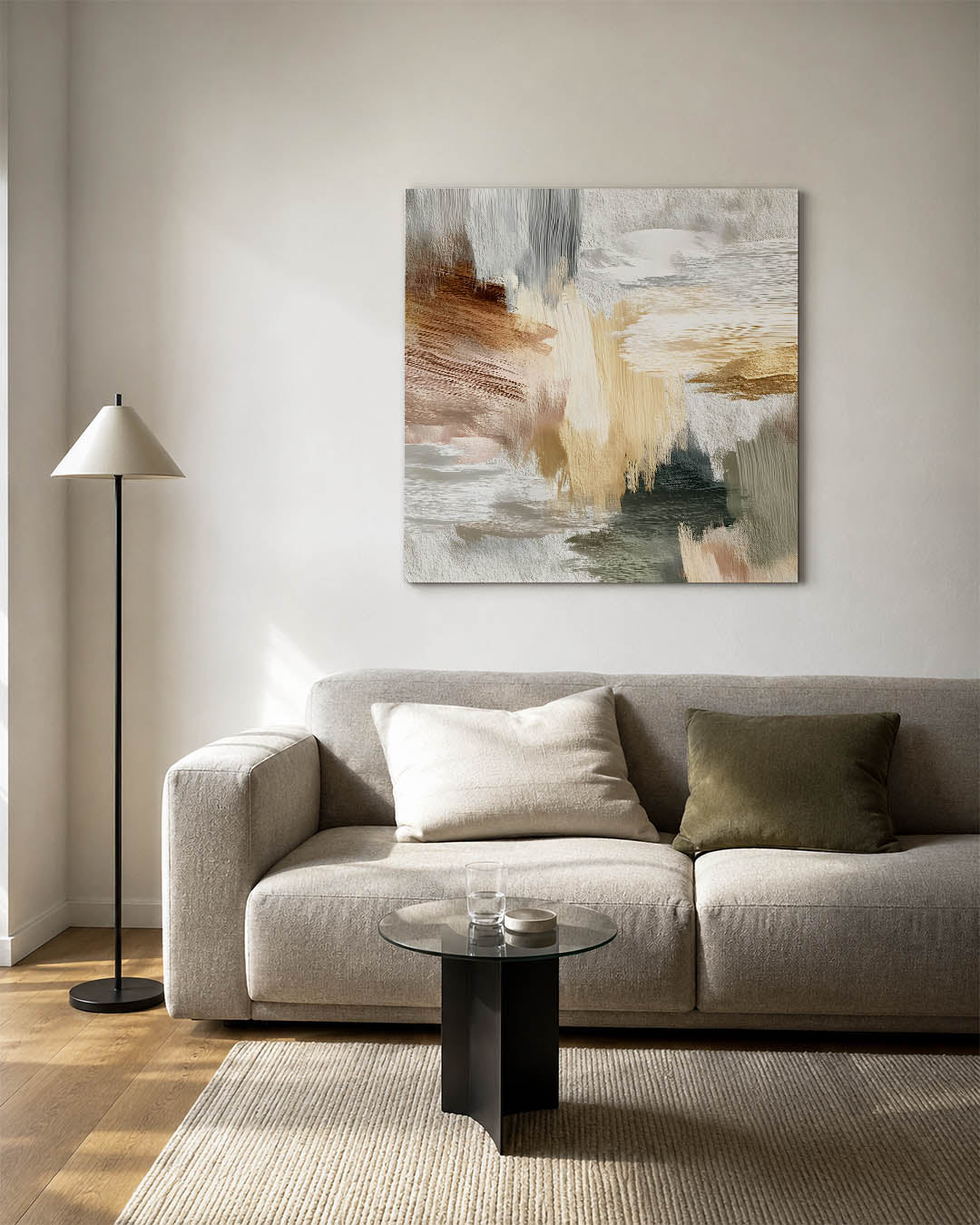 Dynamische kleurencompositie kunstwerk – vierkante wanddecoratie – dit werk toont een levendige mix van beige, bruin en