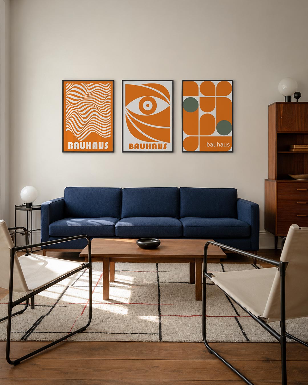 Golvend lijnenspel driedelige posterset – deze posterset in drie delen toont een dynamisch lijnenspel in oranje en wit. De