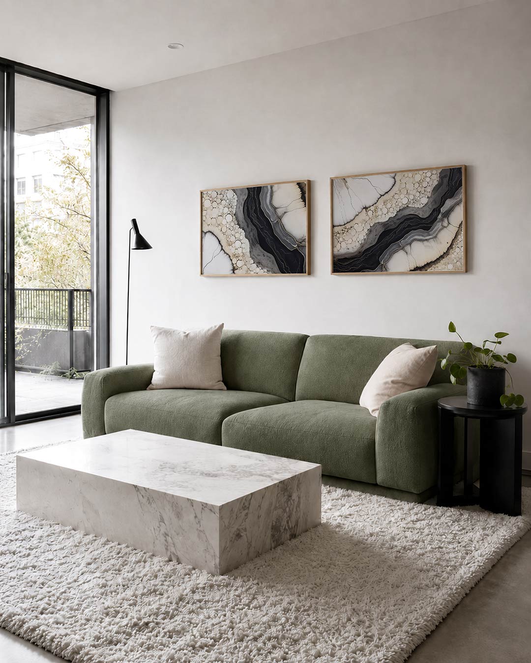 Twee liggende posters met een vloeiende beweging van cirkelvormige patronen en golvende lijnen, aan de muur in een interieur