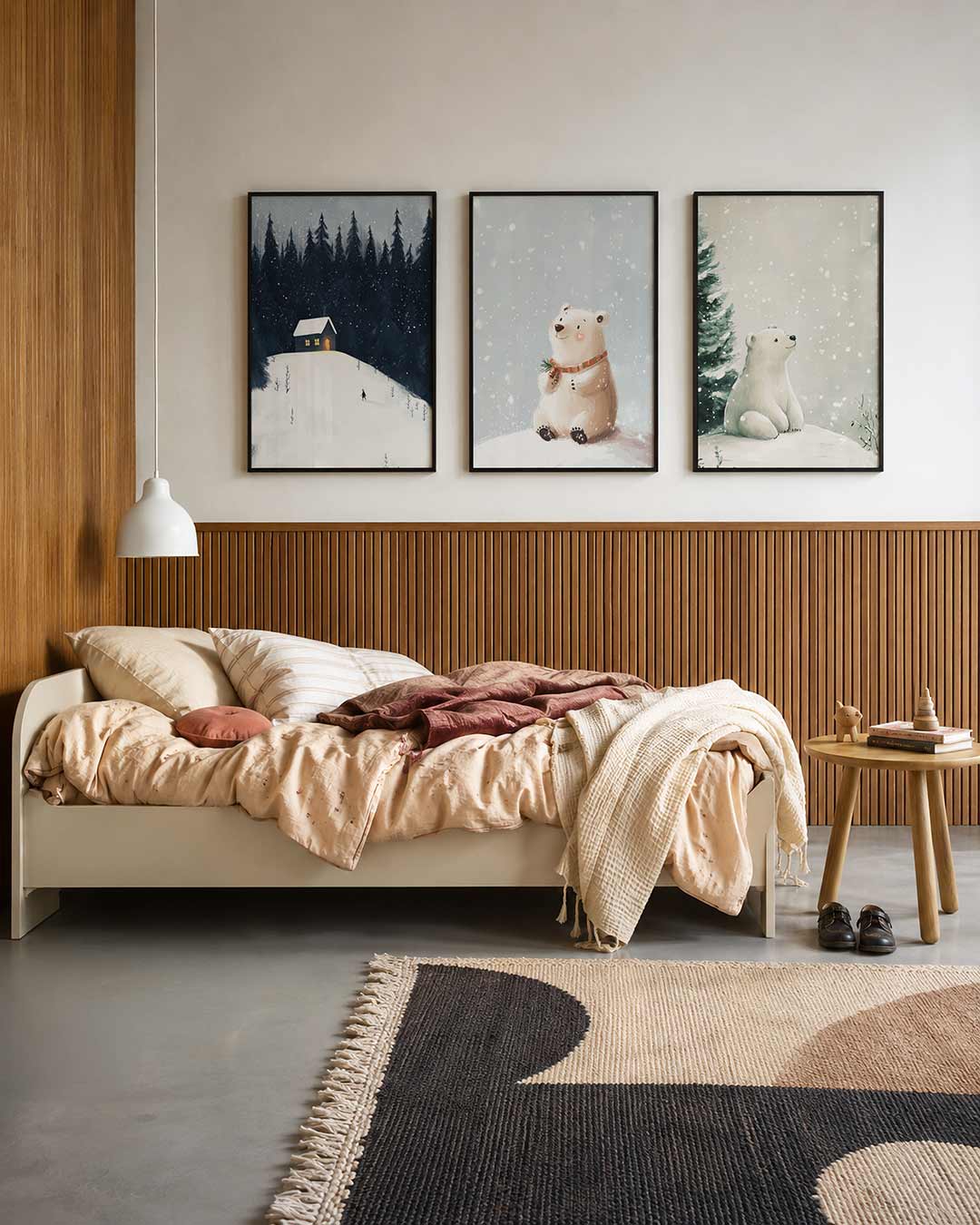 Winterse rust driedelige posterset – een eenzaam huisje in een besneeuwd bos