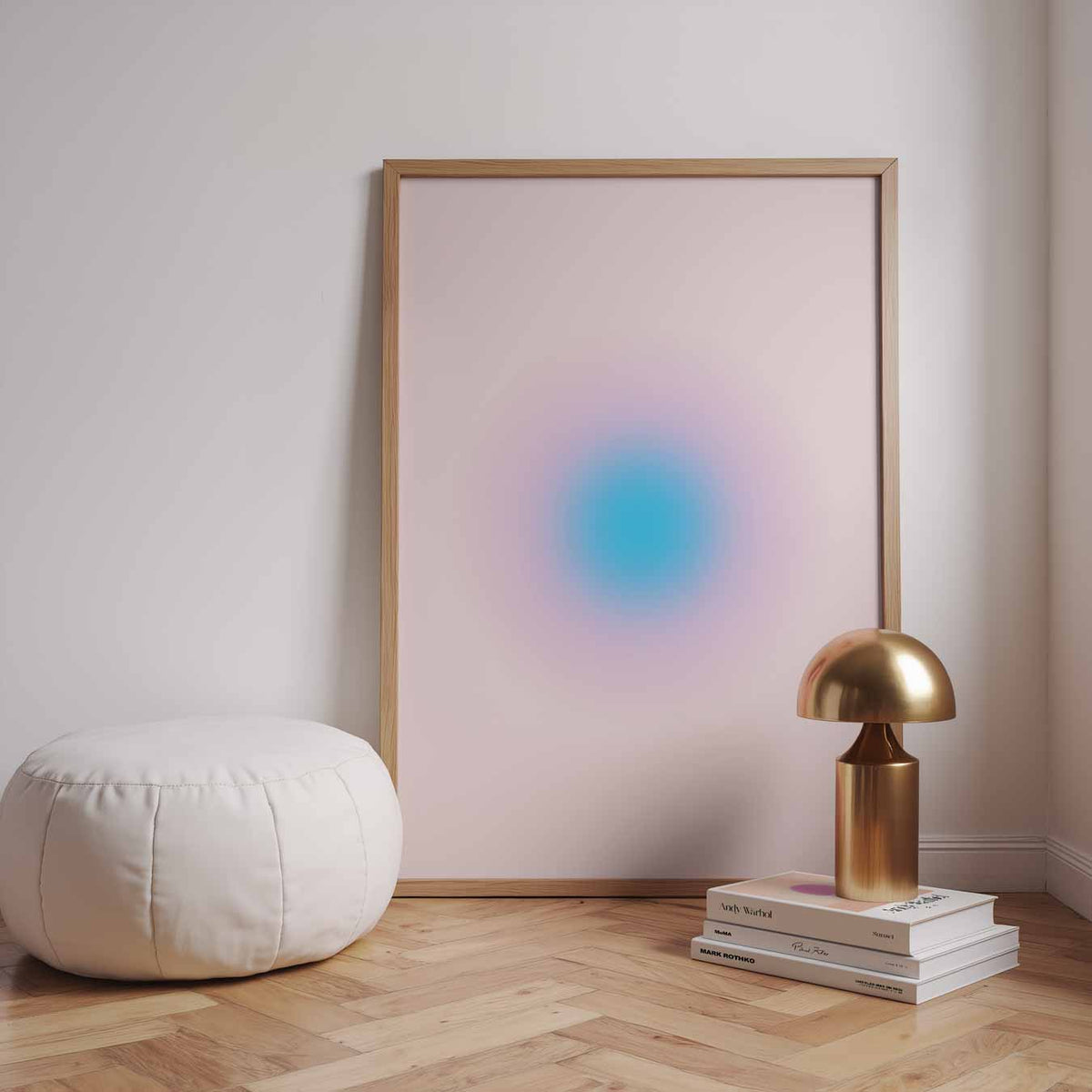 Rustgevende Blauwroze Cirkelposter – staande muurposter met mindful uitstraling