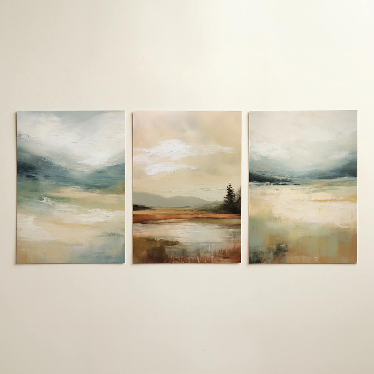 Zachte kleurstromen – driedelige posterset in interieur