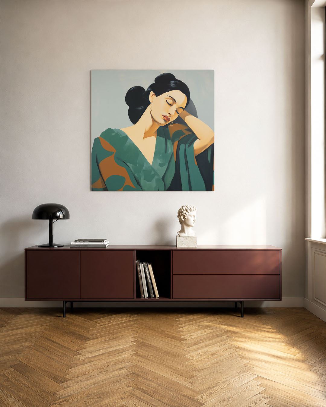 Dromerige vrouw kunstwerk – tweede productweergave – dit kunstwerk toont een serene vrouw met gesloten ogen. De zachte lijnen