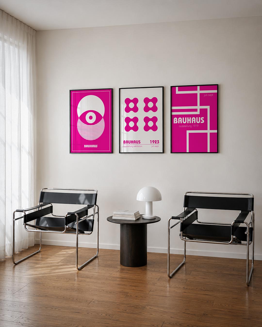 Cirkel en strepen posterset – tweede productweergave – deze posterset in drie delen toont een speelse balans van witte