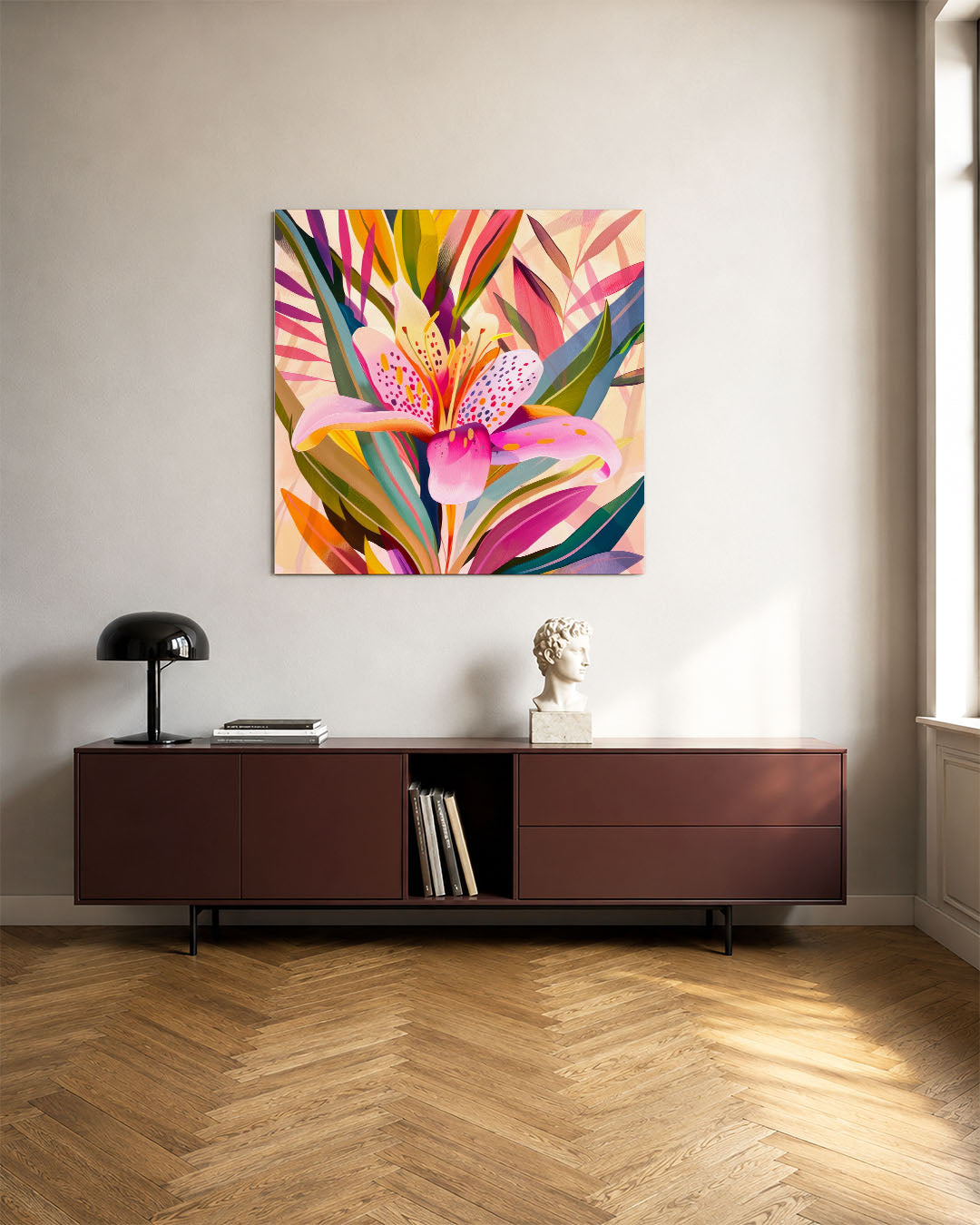 Kleurrijke bloemvormen kunstwerk – tweede productweergave – dit werk toont een levendige compositie van overlappende