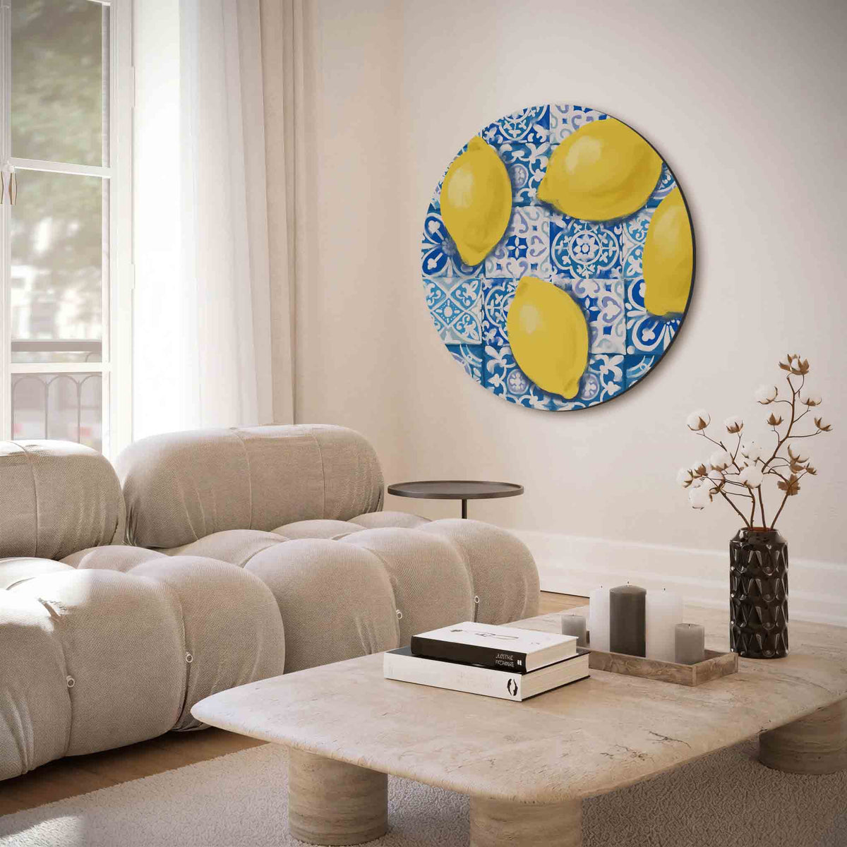 Citroenen op tegelpatroon – muurcirkel met abstracte texturen voor aan de muur