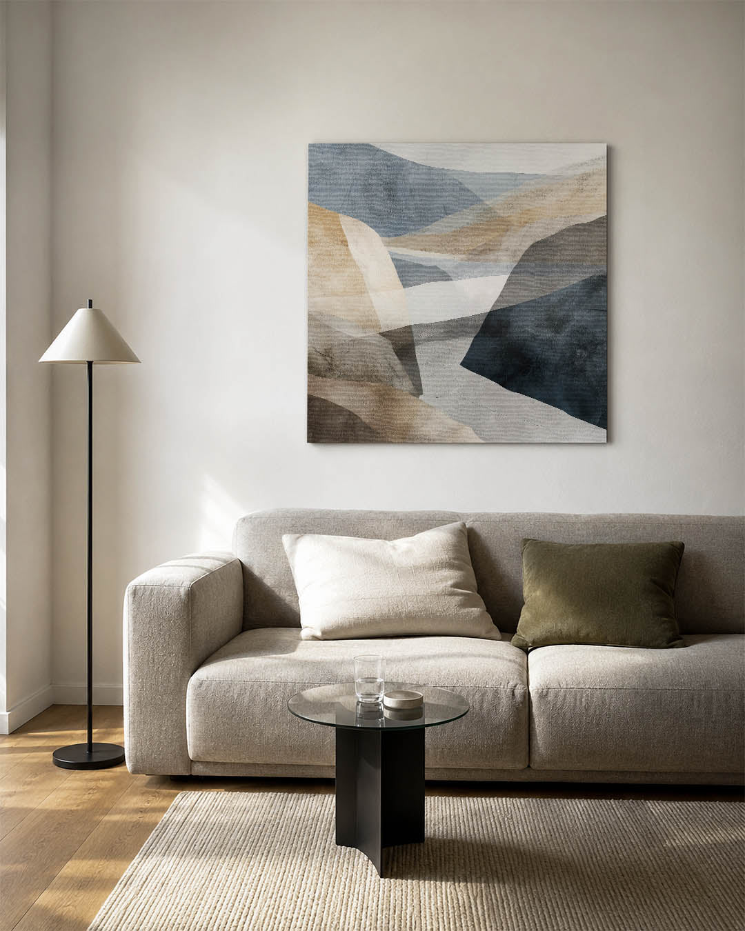 Gelaagde landschap vormen kunstwerk – vierkante wanddecoratie – dit werk toont overlappende vormen in zachte tinten. De