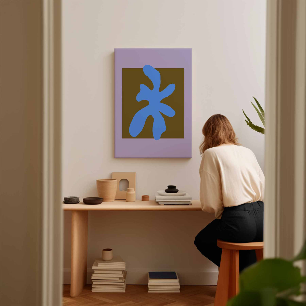 Abstracte Blauw Op Kleurblok – staand kunstwerk voor modern interieur