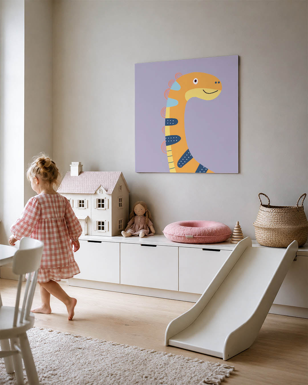 Vrolijke dinosaurus kunstwerk – tweede productweergave – dit werk toont een kleurrijke dinosaurus met een speelse