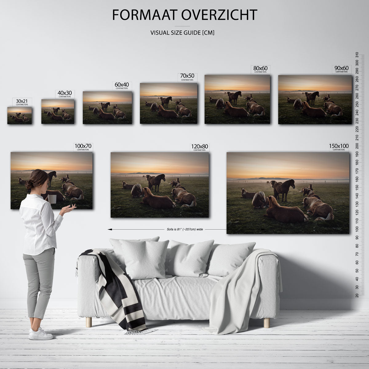 Rustige paardenweide poster – sfeerbeeld – een weide met paarden die ontspannen liggen en staan, omgeven door een nevel en