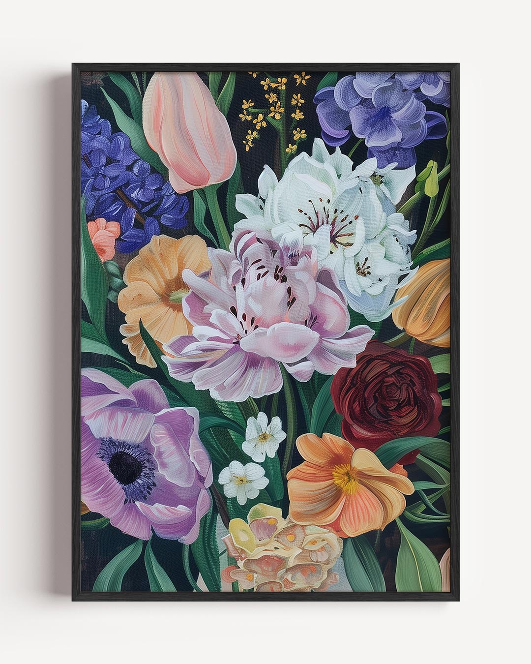 Bloemenpracht op Donkere Achtergrond – zomer portret poster als wanddecoratie