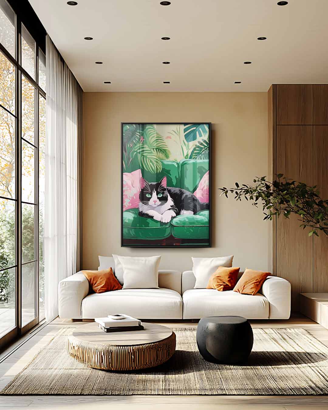 Relaxende Kat in Groene Jungle – modern portret kunstwerk van WallArtistic