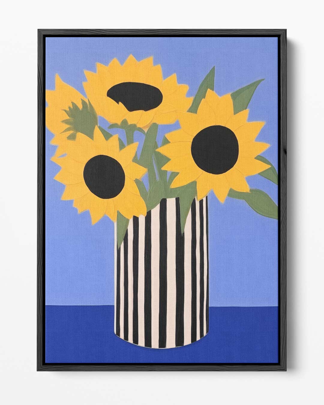 Zonnige Zonnebloemen in Streepjesvaas – portret kunstwerk als wanddecoratie