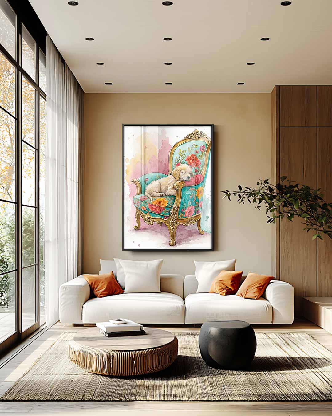 Dromerig Hondje op Bloemenstoel – modern portret kunstwerk van WallArtistic