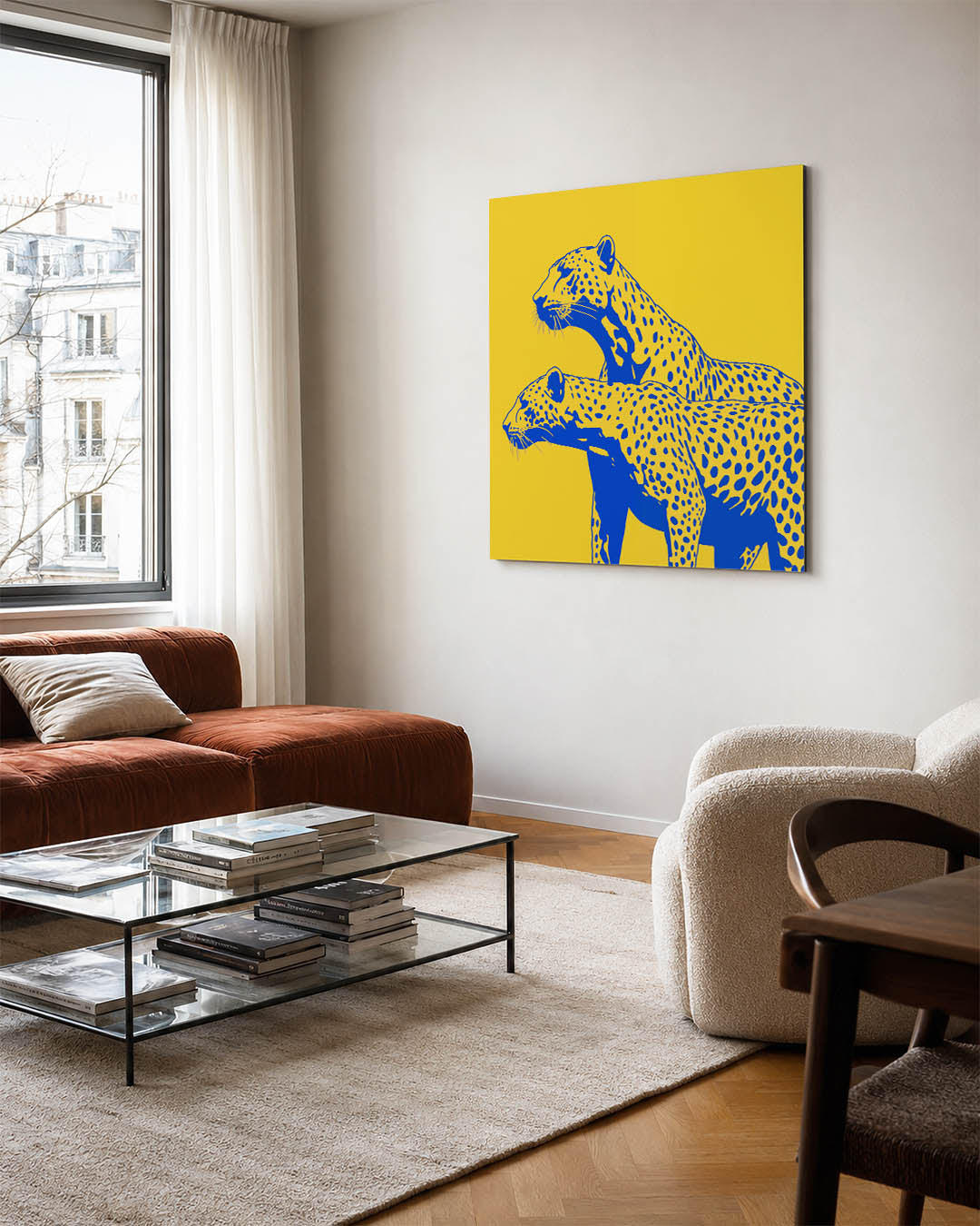 Gestileerde luipaarden kunstwerk – vierkante wanddecoratie – dit werk toont twee gestileerde luipaarden in een opvallende