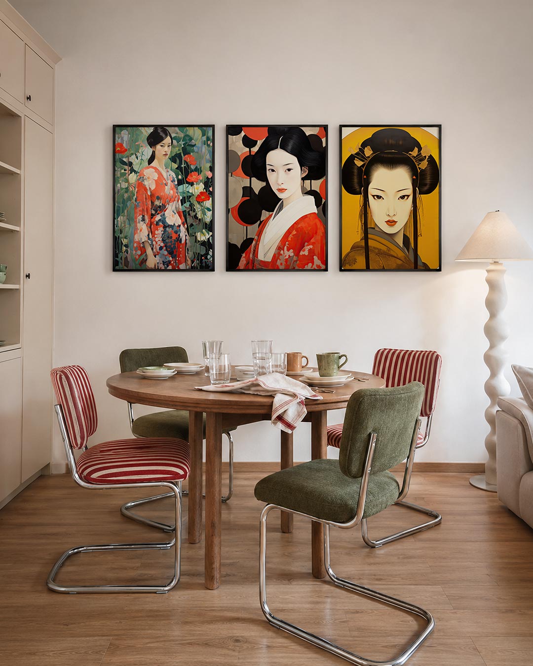 Bloemen en kimono driedelige posterset – een vrouw in een rode kimono met bloemenpatroon staat
