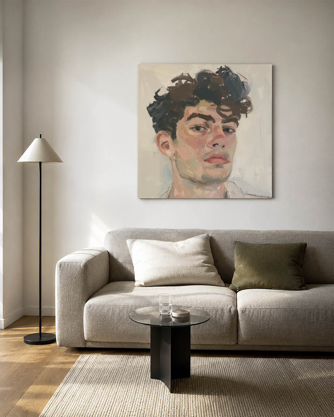 Portretstudie kunstwerk – vierkante wanddecoratie – dit werk toont een portret met vloeiende penseelstreken. De kleuren en