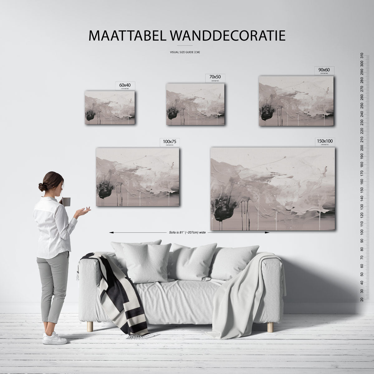 Vloeiende grijstinten – moderne liggende wandkunst