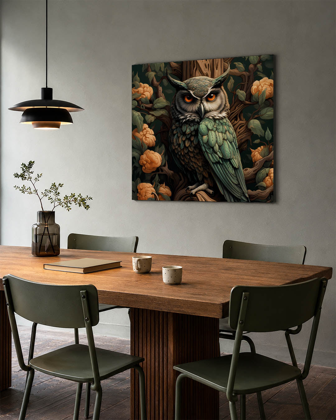 Uil in bloemen kunstwerk – tweede productweergave – dit kunstwerk toont een gedetailleerde uil omringd door bloemen en