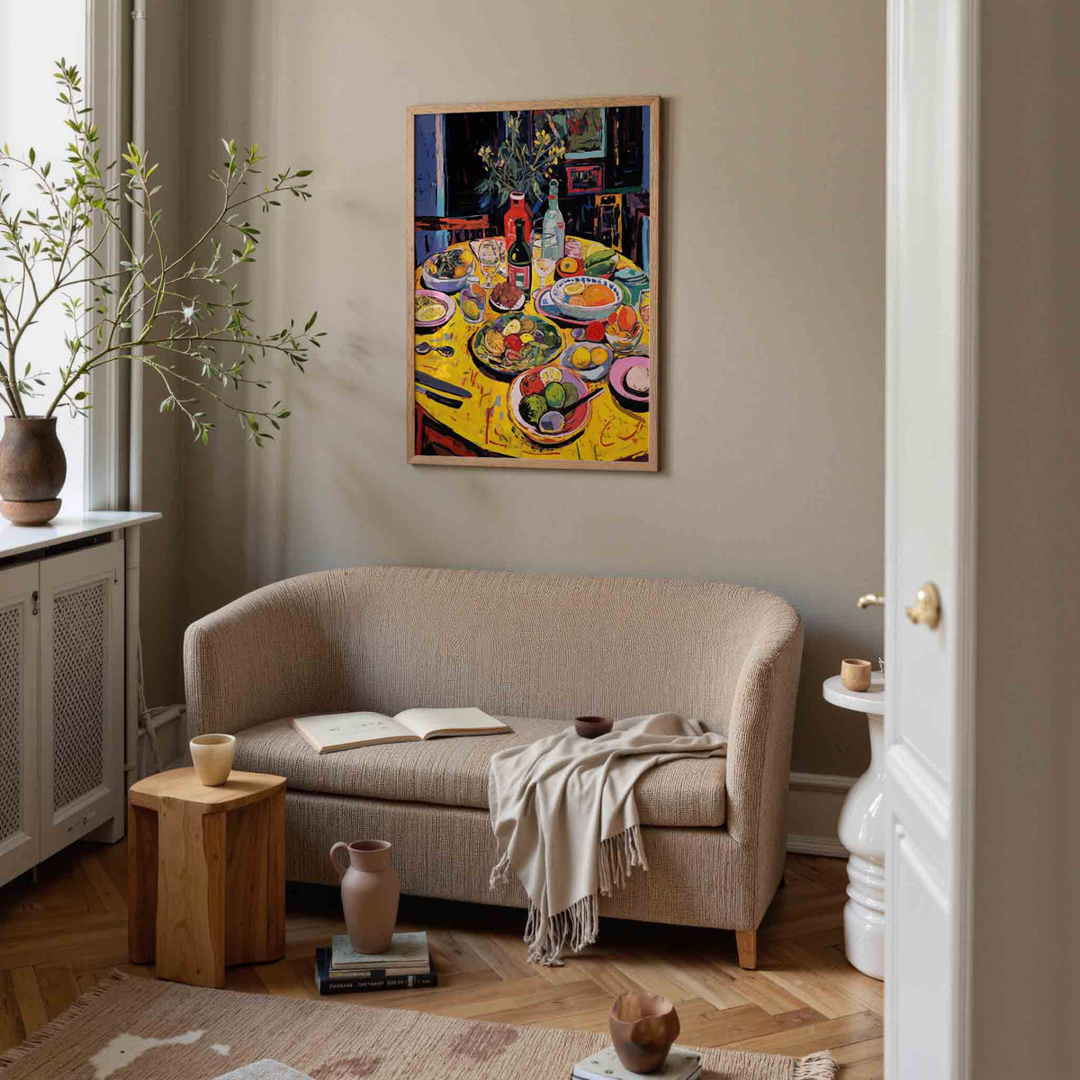 Fruit en flessen op tafel – botanische poster in staand formaat
