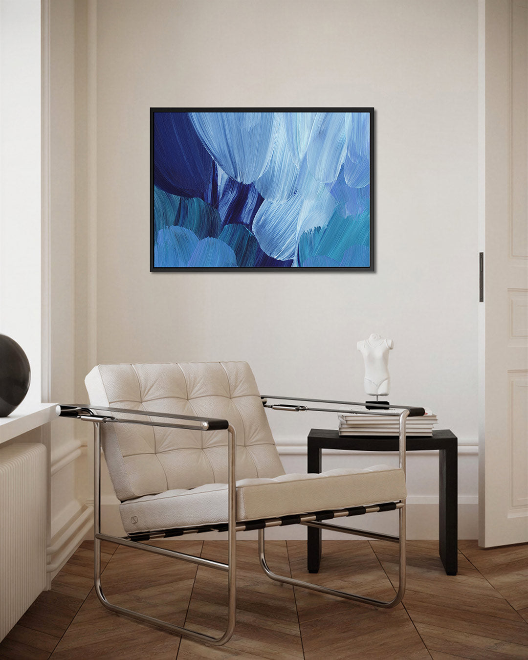 Dynamische blauwe borstels – Subtiele – kunstwerk op canvas, dibond of plexiglas