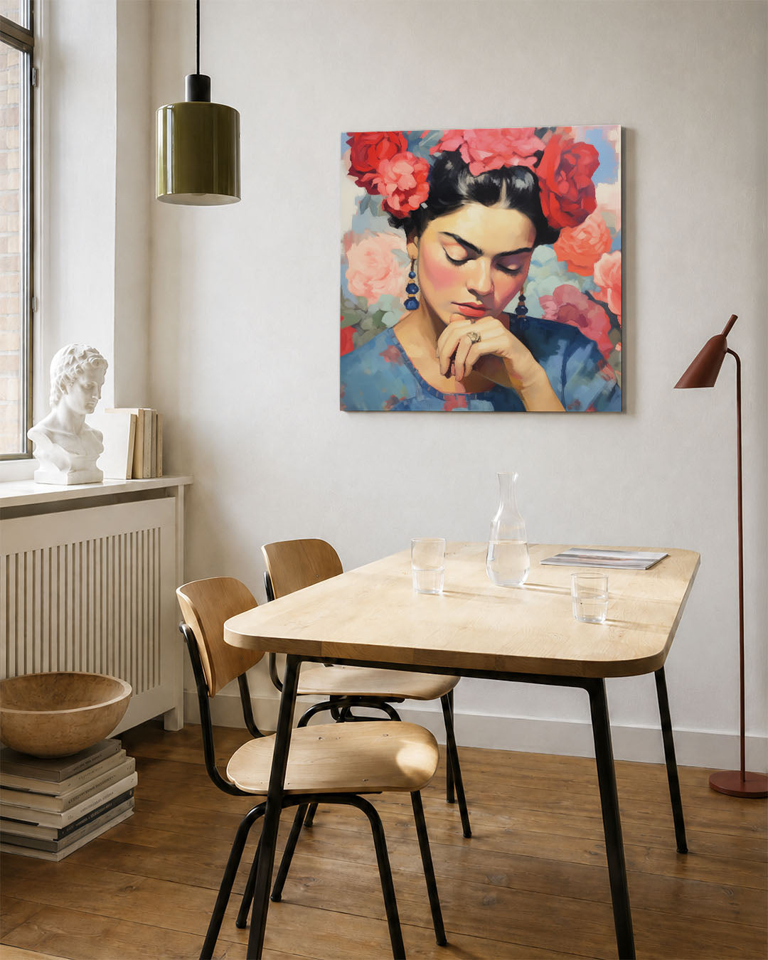 Dromerige bloemenportret kunstwerk – vierkante wanddecoratie – dit werk toont een vrouw met gesloten ogen, omringd door