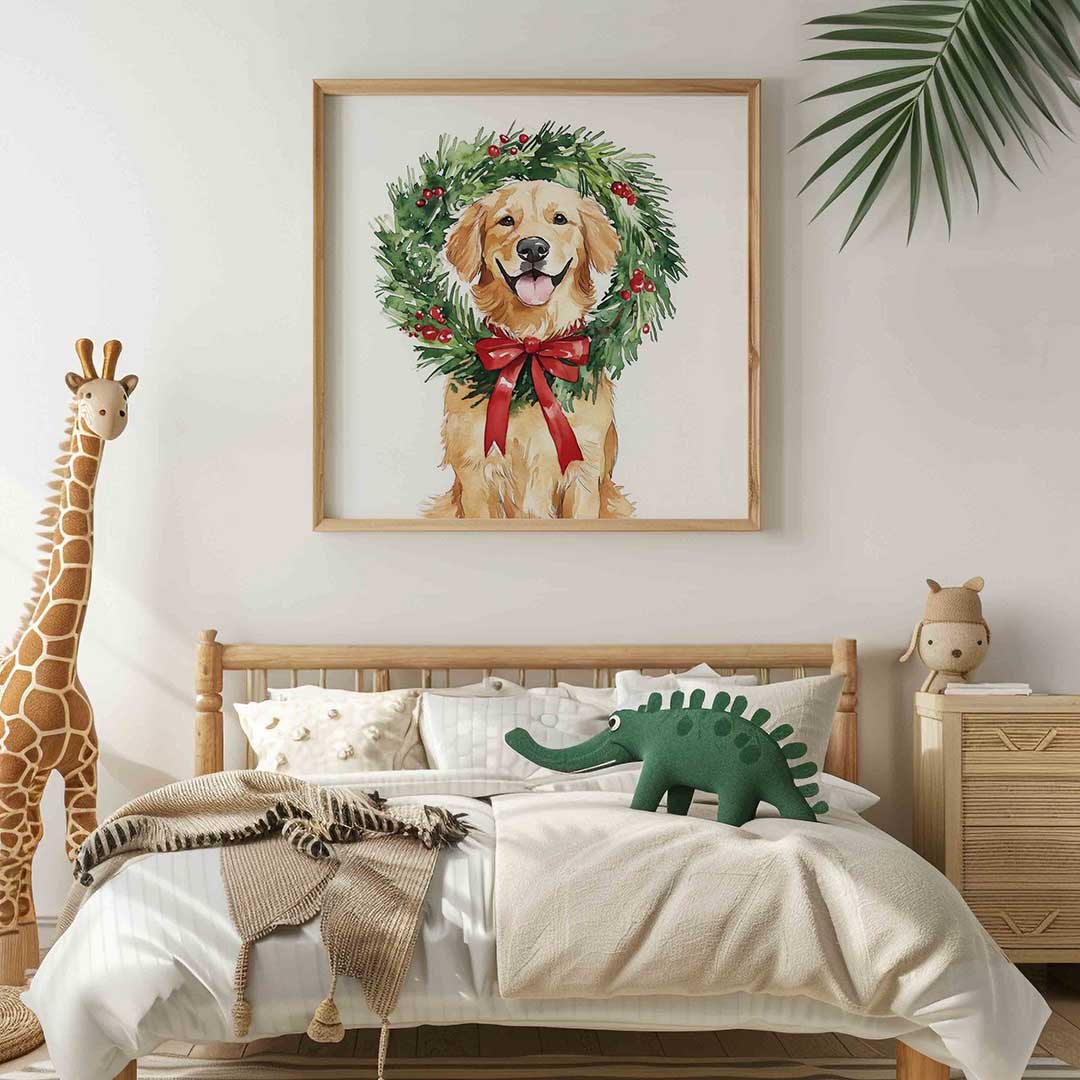 Hond met krans – vierkante kinderkamer wanddecoratie van WallArtistic