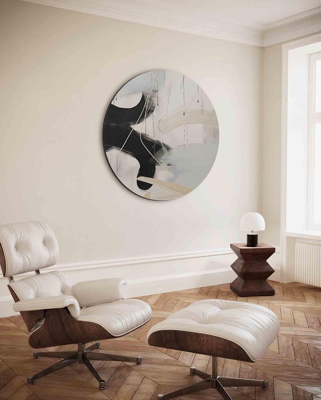 Abstracte lijnen en vlakken – kleurrijke ronde wanddecoratie van WallArtistic