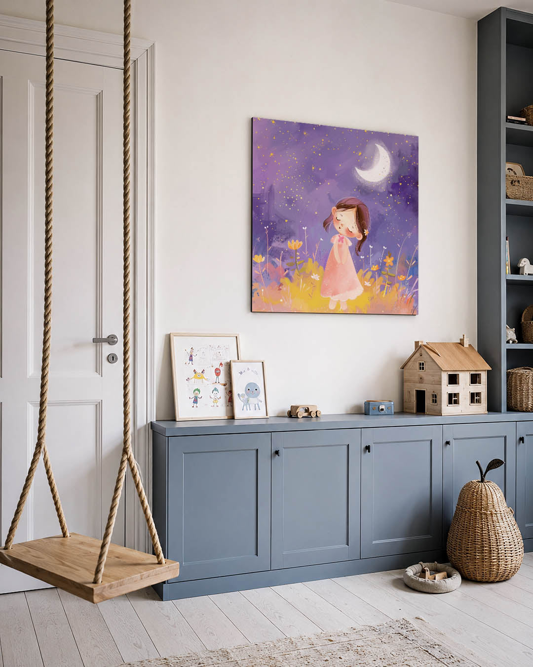 Dromerig meisje onder sterren kunstwerk – vierkante wanddecoratie – een tafereel met een meisje in een roze jurk onder een